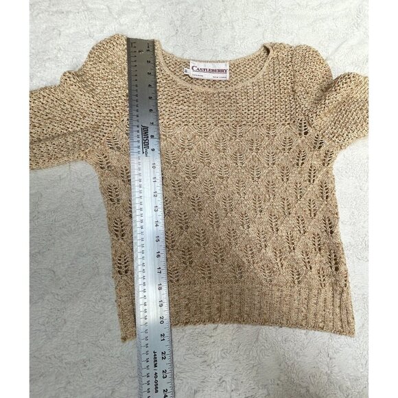 Vintage Castleberry London New York Size 10 Crochet Knit Puff Sleeve Sweater Tan - Picture 4 of 9